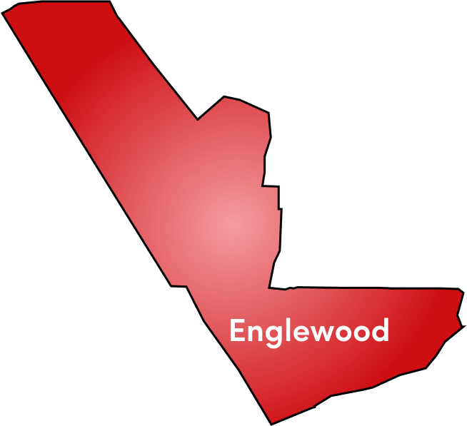 Red map outline of Englewood with white text label on transparent background