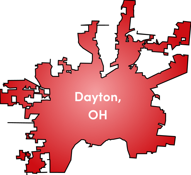 Red map outline of Dayton, Ohio with city name labeled in white text