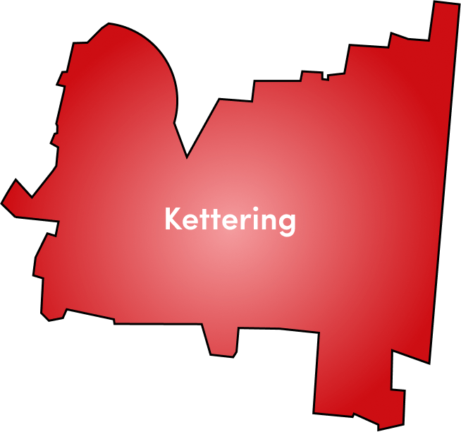 Red silhouette map of Kettering with white text label in center