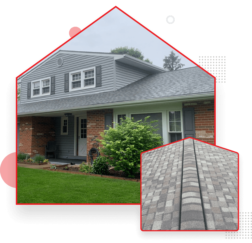 Two-story brick and siding home with gray shingle roof and professional roofing detail
