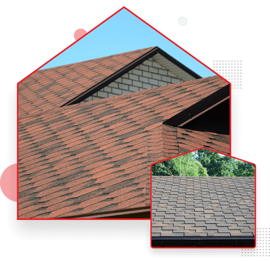 Residential roof with brown shingles and comparison inset showing different roofing