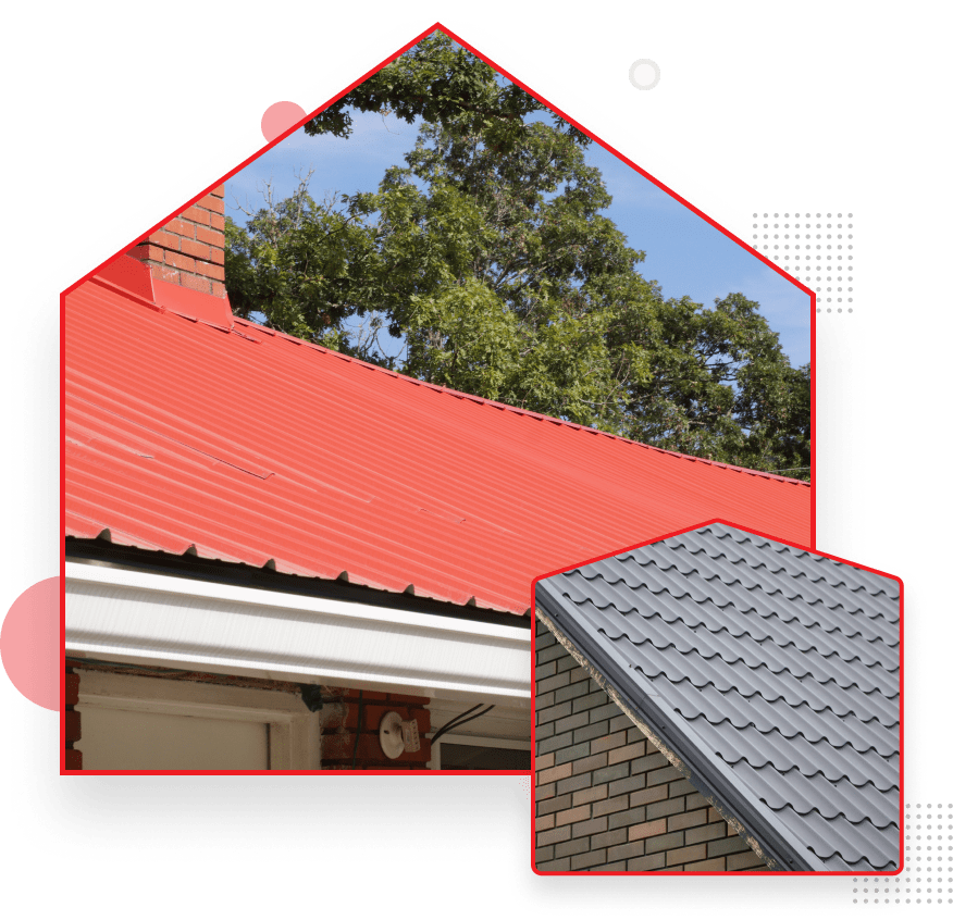 Red metal roof and gray tile roof comparison on residential houses with trees