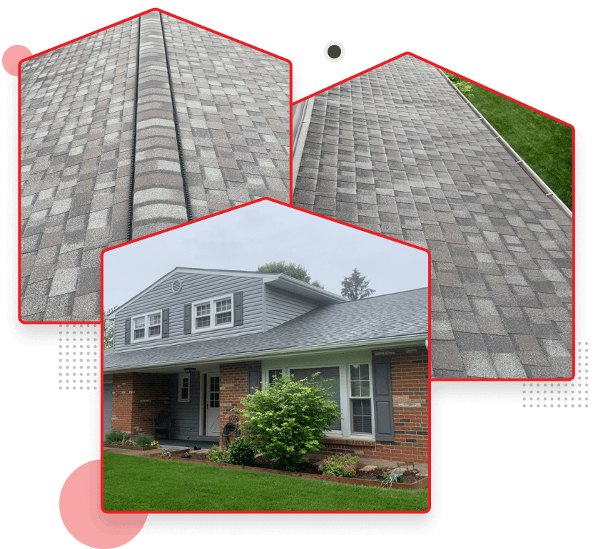 Gray asphalt shingle roofing installation on residential home with detailed views