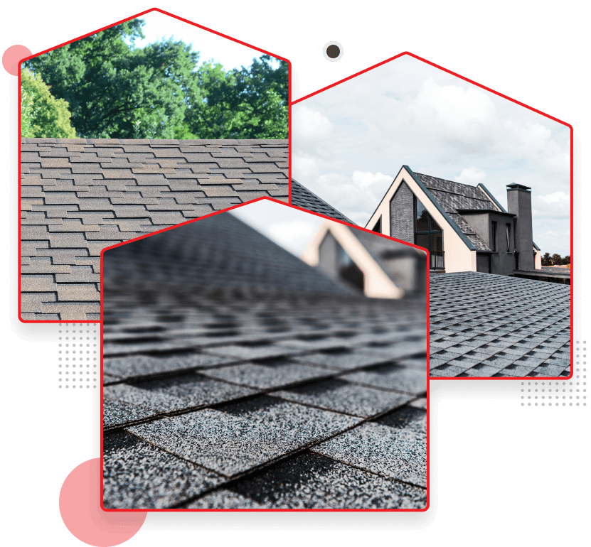 Asphalt roof shingles closeup with residential homes in background