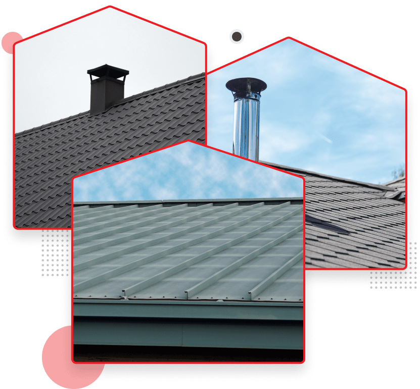 Different roof types and chimneys showcased in three detailed sections