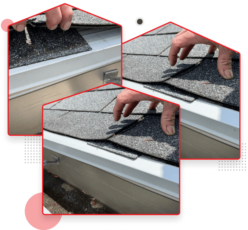 Hand installing asphalt roof shingles on white gutter edge for home repair