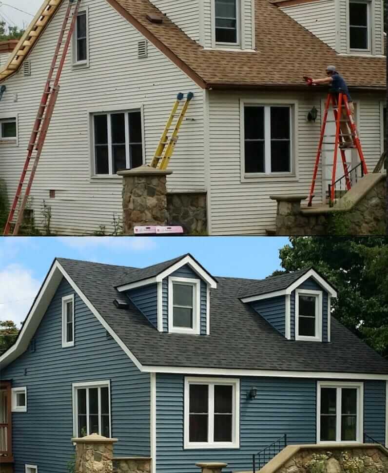 Before and after home renovation showing roof repair and blue siding installation