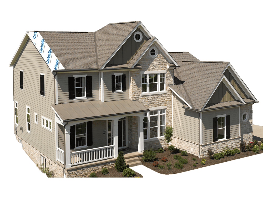 Modern two-story house with stone and siding exterior, black shutters, and front porch