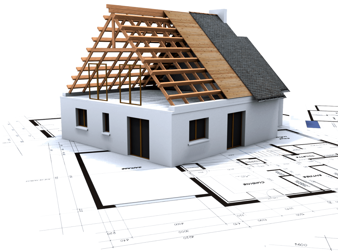 House construction model with exposed wooden roof frame sitting on blueprints
