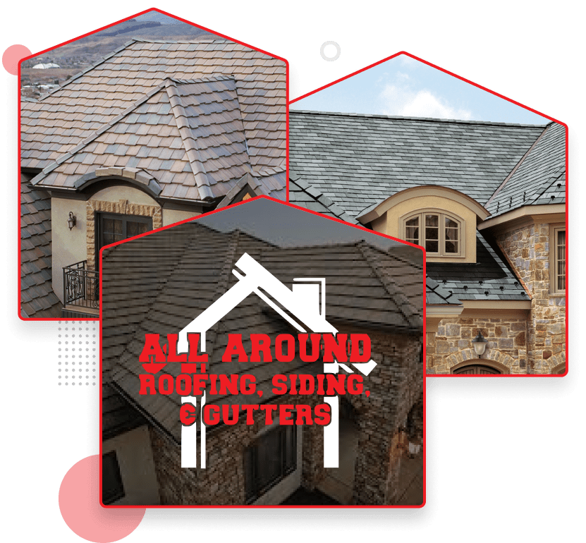 Professional roofing services showcase with multiple roof styles and materials