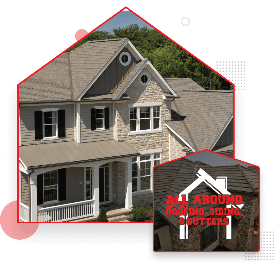 Modern two-story house with stone and siding exterior, black shutters, and professional roofing work