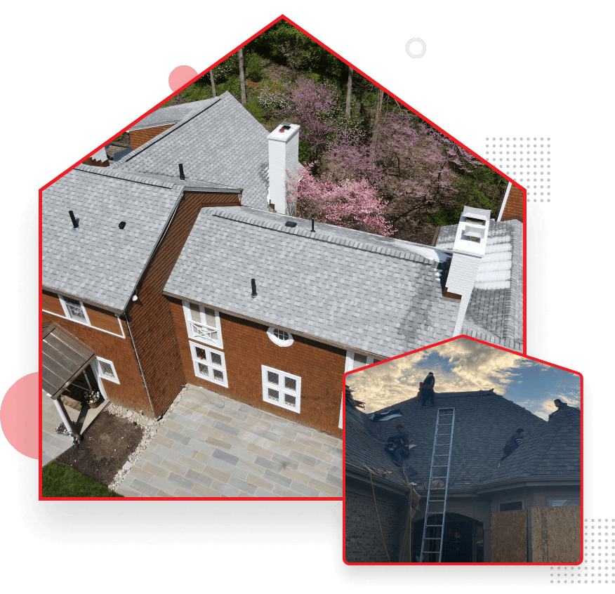 Aerial view of house with new gray shingle roof and blooming pink trees nearby