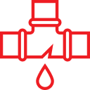Red water pipe with leak icon showing plumbing repair concept