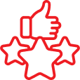 Red thumbs up icon above three star rating symbols for customer feedback