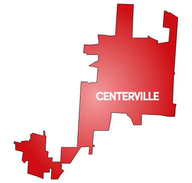 Red map outline of Centerville with white text label showing city boundaries