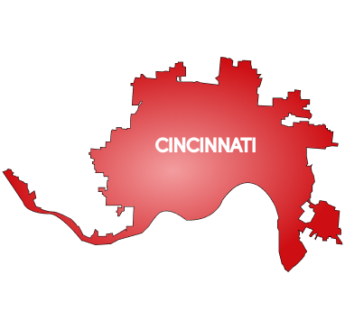 Cincinnati city map outline in red with white text label