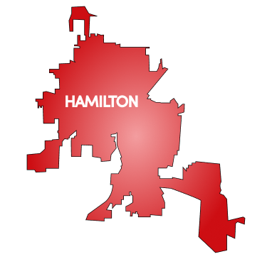 Red map outline of Hamilton with white text label showing city boundaries
