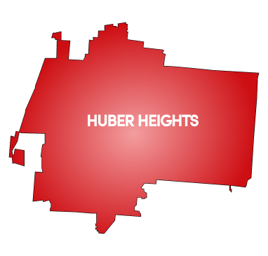 Red map silhouette of Huber Heights with white text label