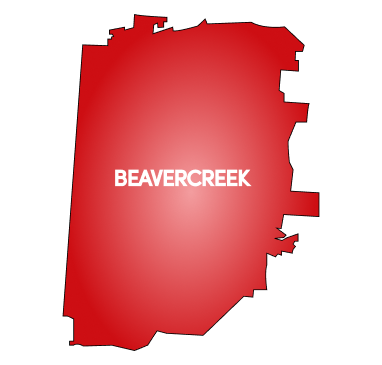 Red silhouette map of Beavercreek with white text label on gradient background