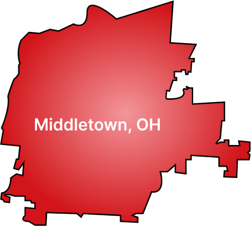 Red silhouette map of Middletown, Ohio with white text label