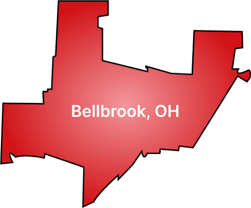 Red map outline of Bellbrook, Ohio with white text label