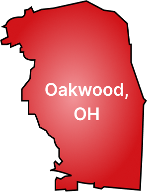 Red map outline of Oakwood, Ohio with white text label
