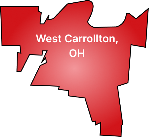 Red map outline of West Carrollton, Ohio with white text label