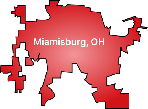 Red map outline of Miamisburg, Ohio with white text label showing city boundaries