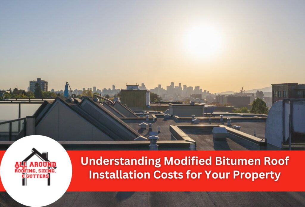 Modified bitumen roofing systems on residential buildings with city skyline