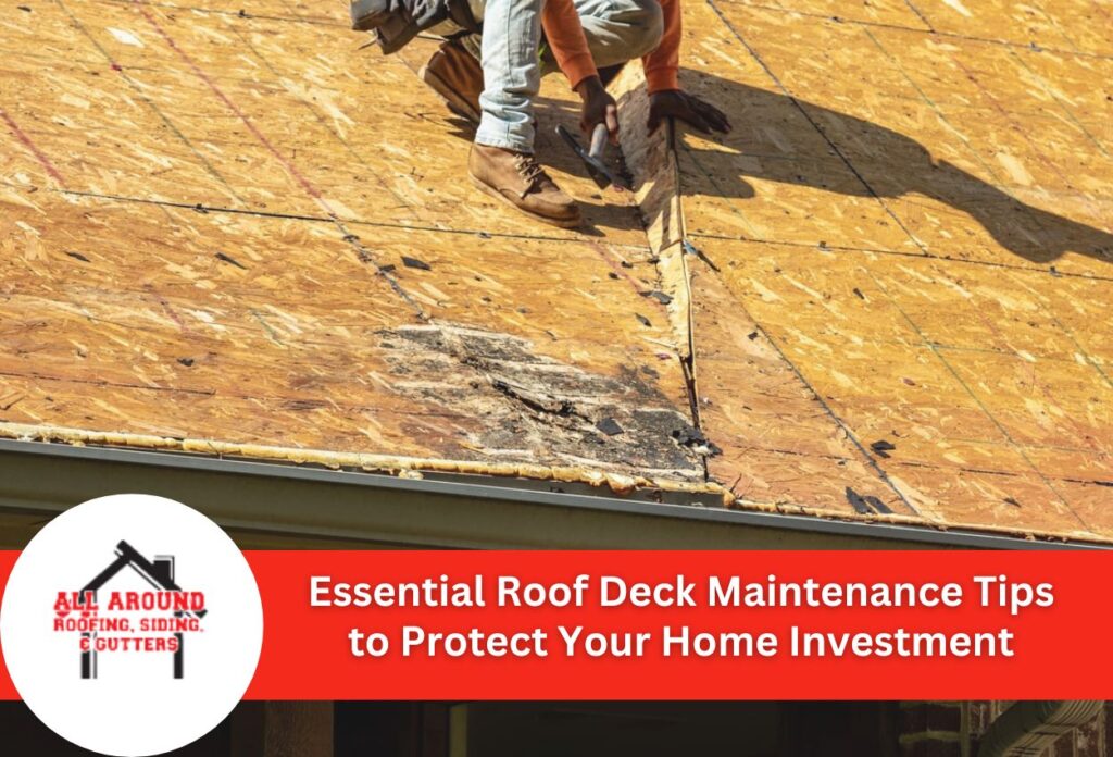 Roofer performing maintenance on damaged wooden roof deck with visible wear and stains