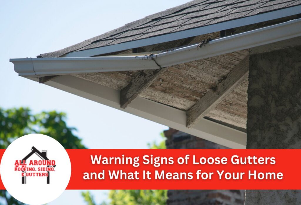 Damaged roof gutter showing loose attachment and deterioration on residential home